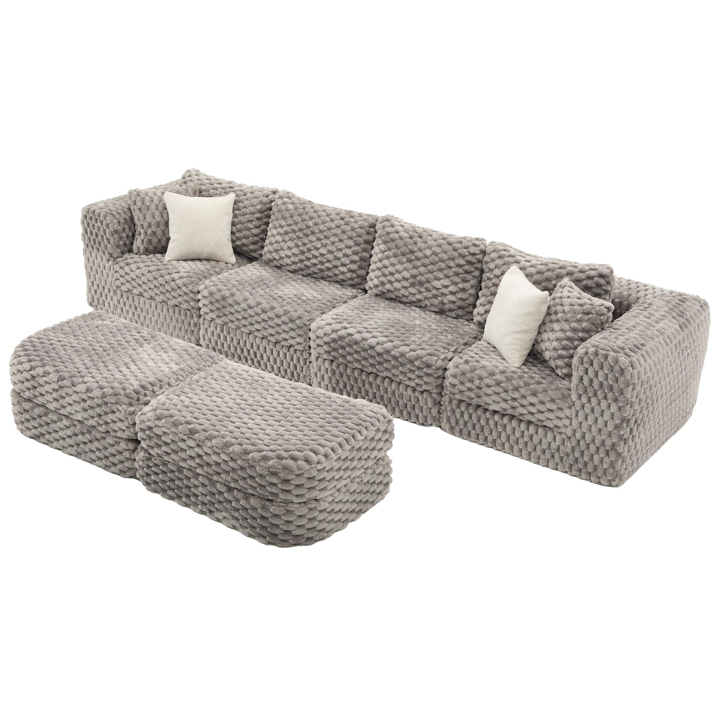 Merax 135.4 Inch Modular Sectional Sofa with 2 Movable Ottomans, Bubble Velvet U-Shape Convertible Couch for Living Room, Reversible Chaise, Includes 4 Throw Pillows, Grey