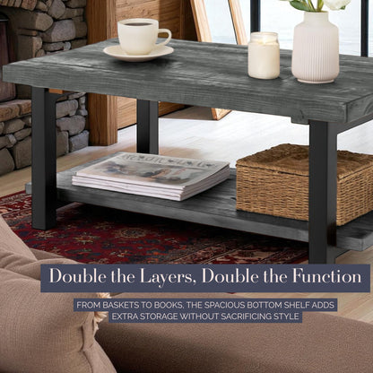 Alaterre Furniture Pomona Living Room 42 Inch Rectangular Solid Wood Coffee Table with Storage Shelf & Metal Legs – Modern Rustic Industrial Living Room Table (Slate Grey)