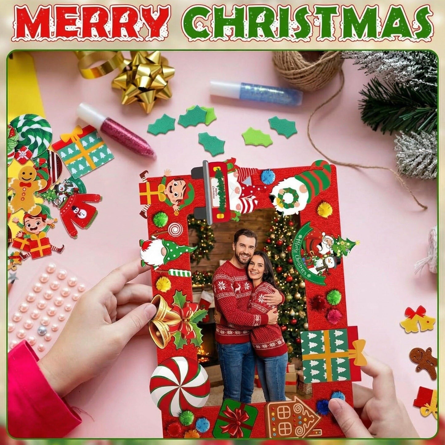 Remagr 496 Pcs Christmas DIY Picture Frames Craft Kit 32 Set Felt Photo Frames with 200 Christmas Sticker to Decorate with 100 Foam Leaves, 100 Ball, 64 Magnet for Xmas Winter Party Favor Home Decor