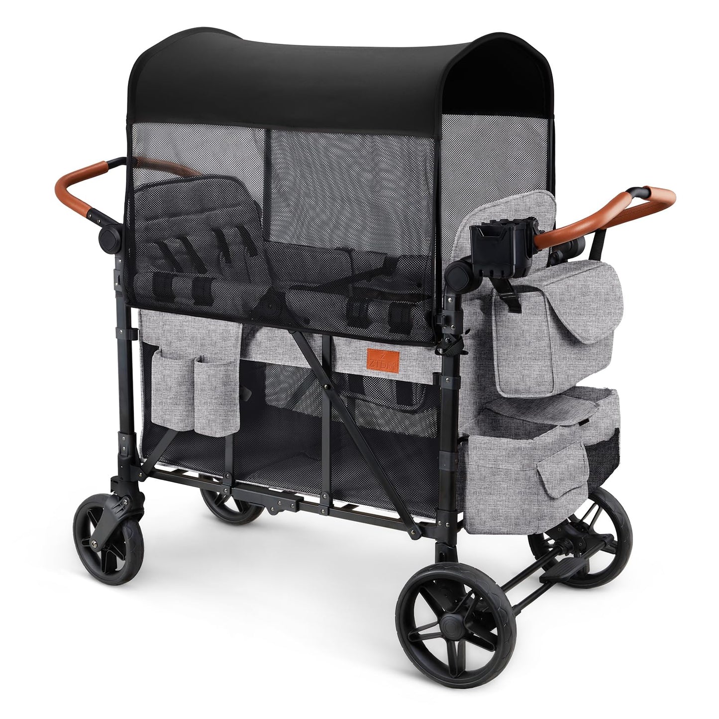 ZTDM Wagon Stroller for 4 Kids, All-Terrain Wagon for Toddler with Canopy, Parent Organizer, Shoulder Bag, Adjustable Handlebar, Phone Holder, High Seat & 5 Point Harness, Ultimate Quad (Gray)