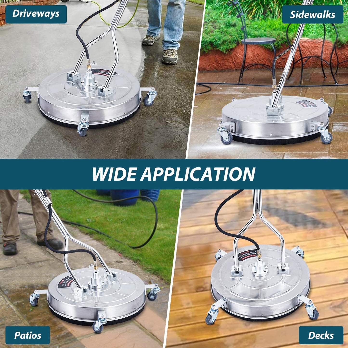 GarveeLife 24 in Pressure Washer Surface Cleaner with Dual Handle, 4 Wheels, 3/8 in Quick Connect, 2 Nozzles, Stainless Steel Power Washer Surface Cleaner for Driveway Sidewalk Patio, 4000 PSI