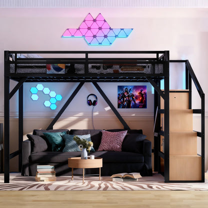 Bellemave Queen Metal Loft Bed with Storage Stairs, Shelves & Wardrobe, Queen Size Loft Bed Frame with LED Lights & USB Ports for Kids Teens, Noise-Reduced Design, Natural Wood