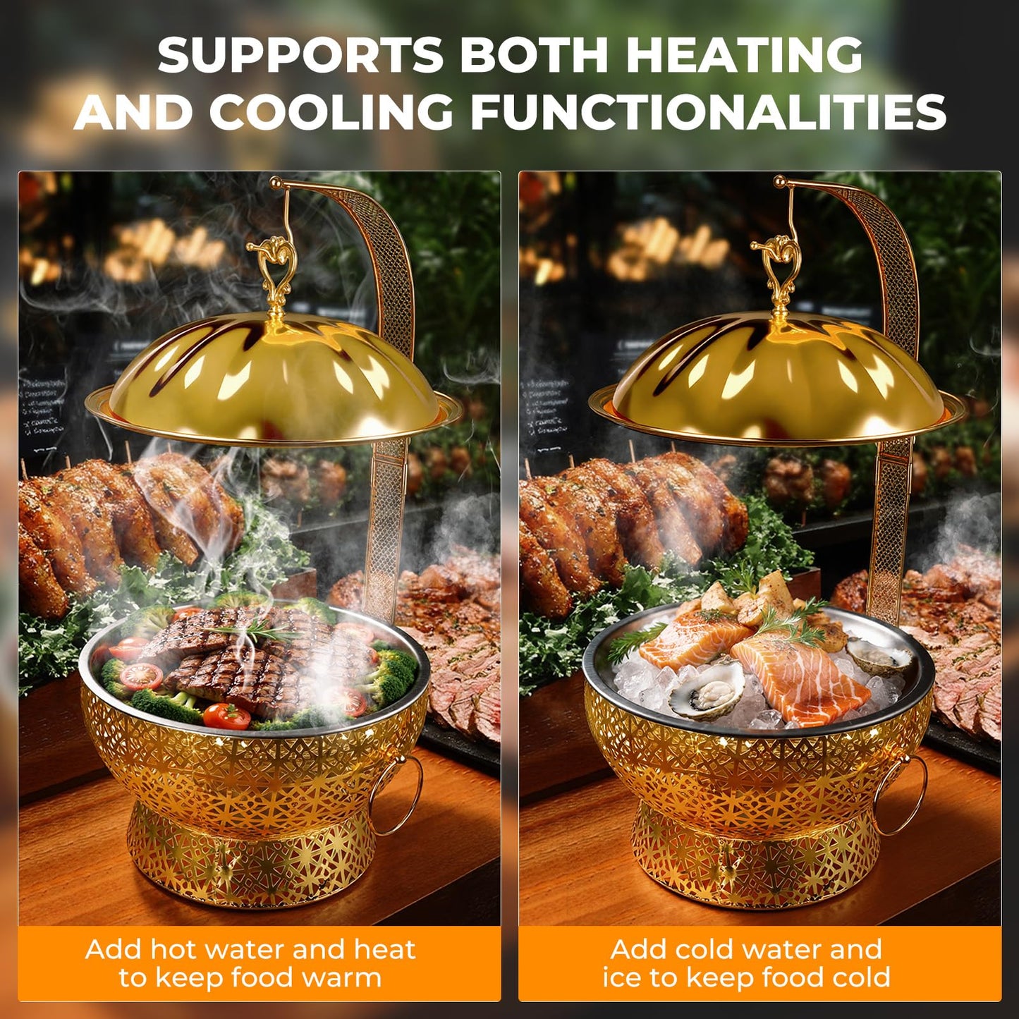 8QT Gold Chafing Dish Buffet Set, Luxury Stainless Steel Food Warmer, Elegant Hollow-Out Design Catering Server for Weddings, Parties, Hotel, Banquets, Christmas & Home Entertaining（2 pcs）