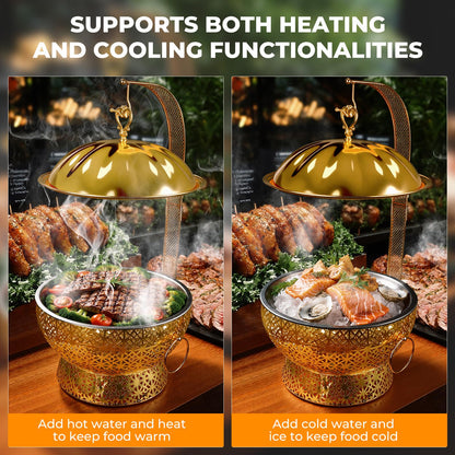 8QT Gold Chafing Dish Buffet Set, Luxury Stainless Steel Food Warmer, Elegant Hollow-Out Design Catering Server for Weddings, Parties, Hotel, Banquets, Christmas & Home Entertaining（2 pcs）