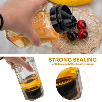 DODAMOUR 2 Pack Glass Honey Dispenser, Hexagonal Syrup Dispenser for Coffee Bar, No-Drip Honey Pot Container with Stand, Oil Vinegar Cruet for Kitchen, Pancakes, Waffles (12oz/360ml)
