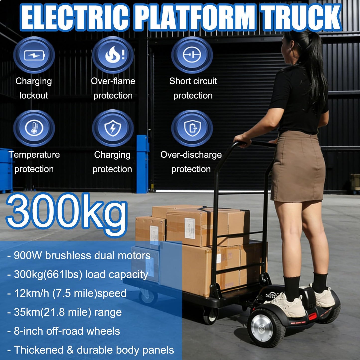 ErShangMao Electric Platform Cart,Motorized Garden Cart,Electric Flatbed Pallet Truck,8" Explosion-Proof Tires,660lbs Capacity,12km/H Speed,35km Range,Foldable Frame for Warehouse&Logistics 90 * 60cm