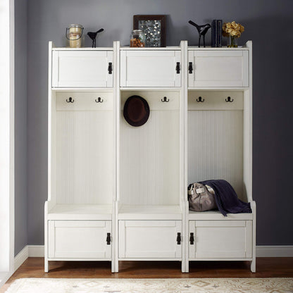 Crosley Furniture Fremont 3-Piece Hall Tree Entryway Set with Storage Cabinets and Coat Rack Hooks, Distressed White