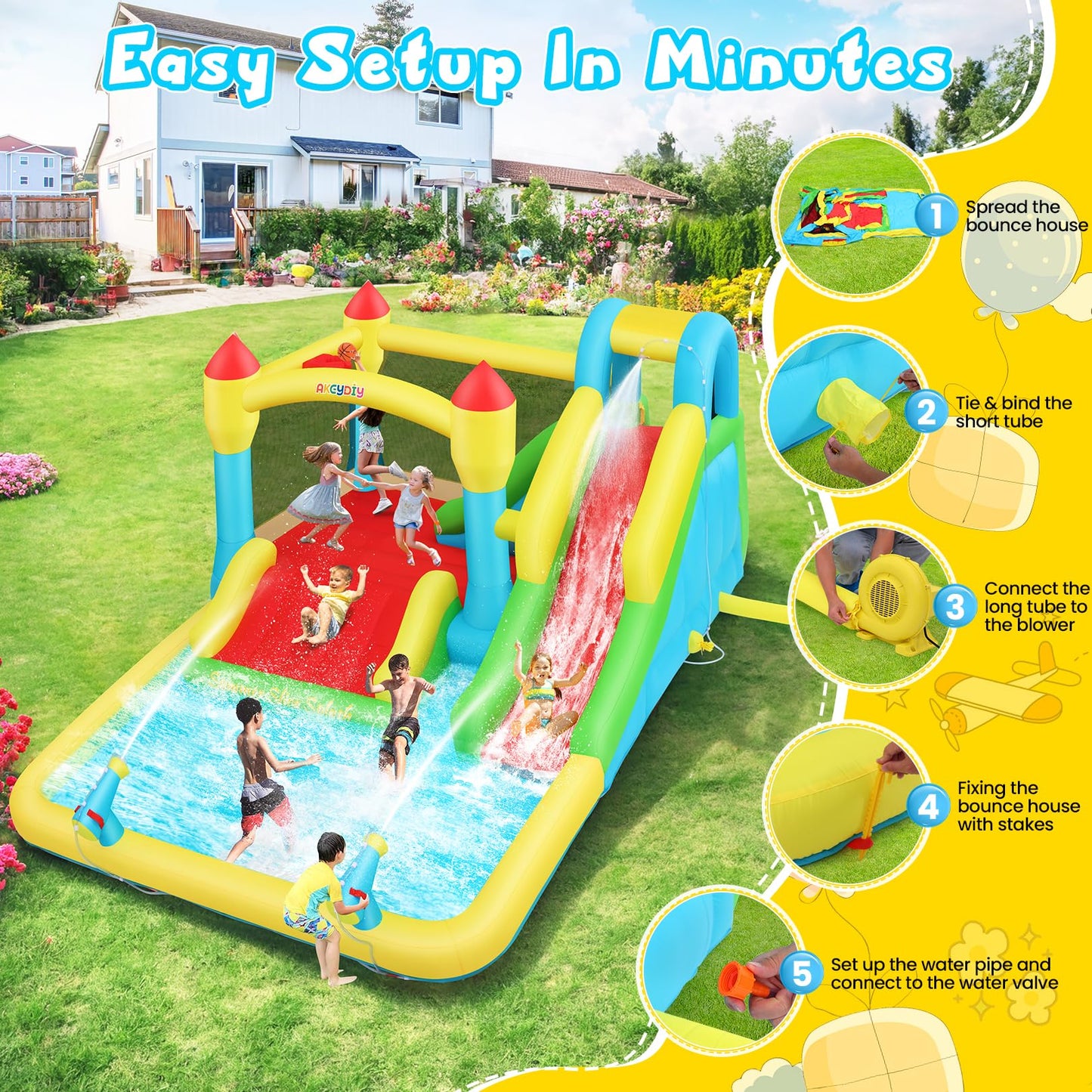 AKEYDIY Bounce House Water Slide for Kids 3-12 - Outdoor/Indoor Inflatable Water Bounce House with 3 Slides, Climbing Wall, Ball Pit & Jumping Area - Water Bouncy House Includes Blower (15.6ft x 11ft)