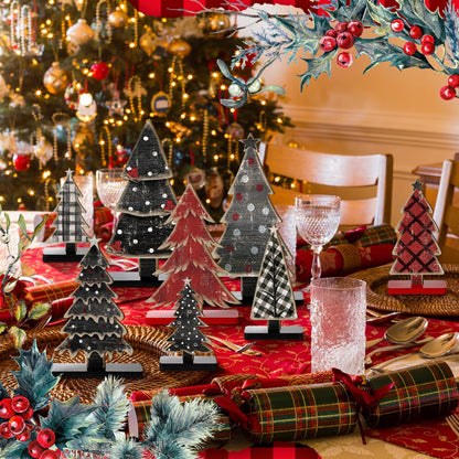 Moucuny 8 Pcs Wooden Christmas Trees Tabletop Decor Rustic Christmas Table Centerpieces Wooden Trees Sign for Home Office Fireplace Farmhouse Xmas Party Table Decor