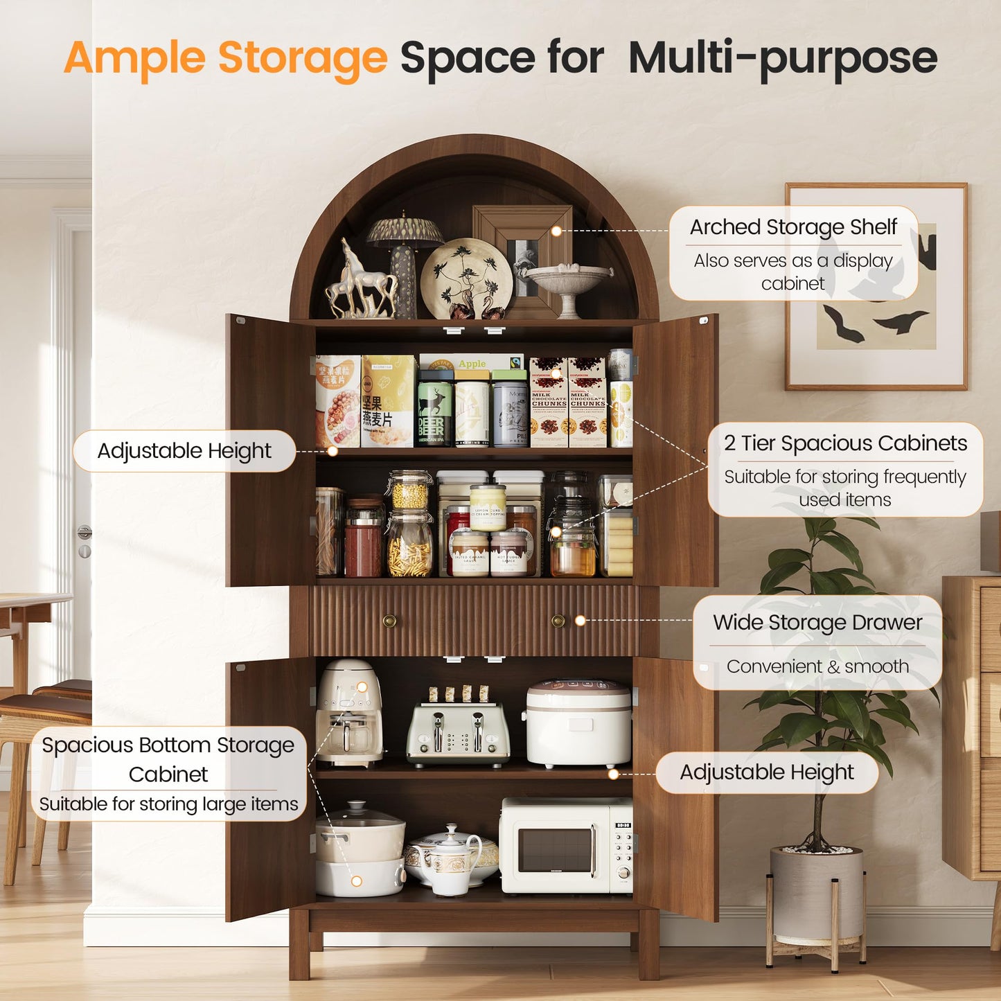 Apicizon 70" Tall Arched Kitchen Pantry Cabinet, 6-Tier Modern Fluted Wood Storage Cabinet with Doors Drawer & Adjustable Shelves, Farmhouse Cupboard Organizer for Dining Room, Bathroom, Walnut