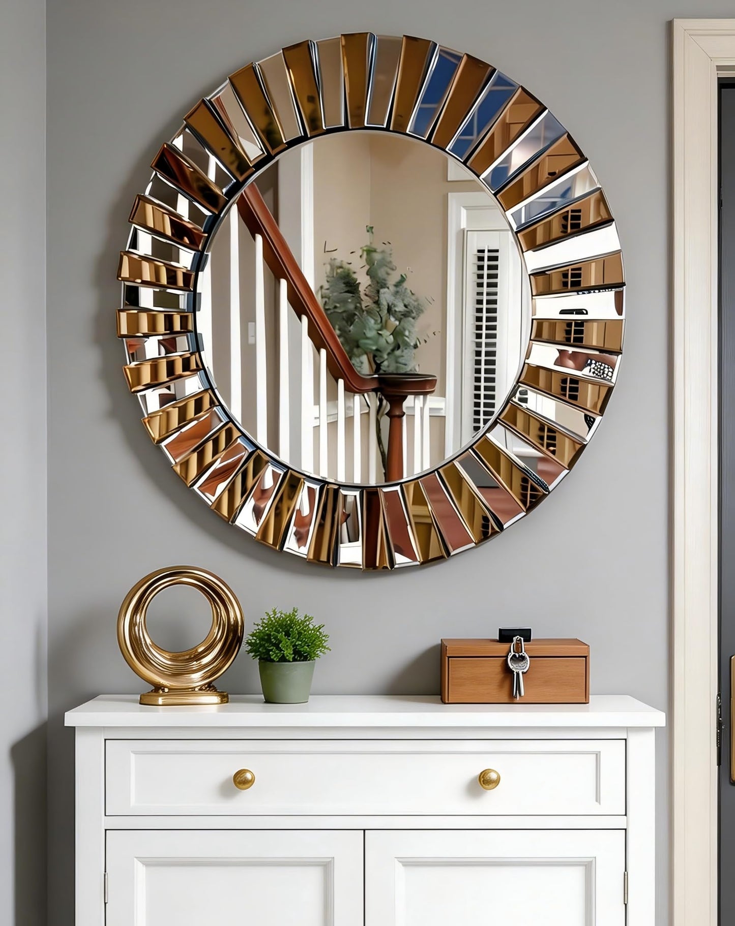 Artloge Round Wall Mirror Decorative Sunburst Silver-Brown Crystal Edge 32 inch
