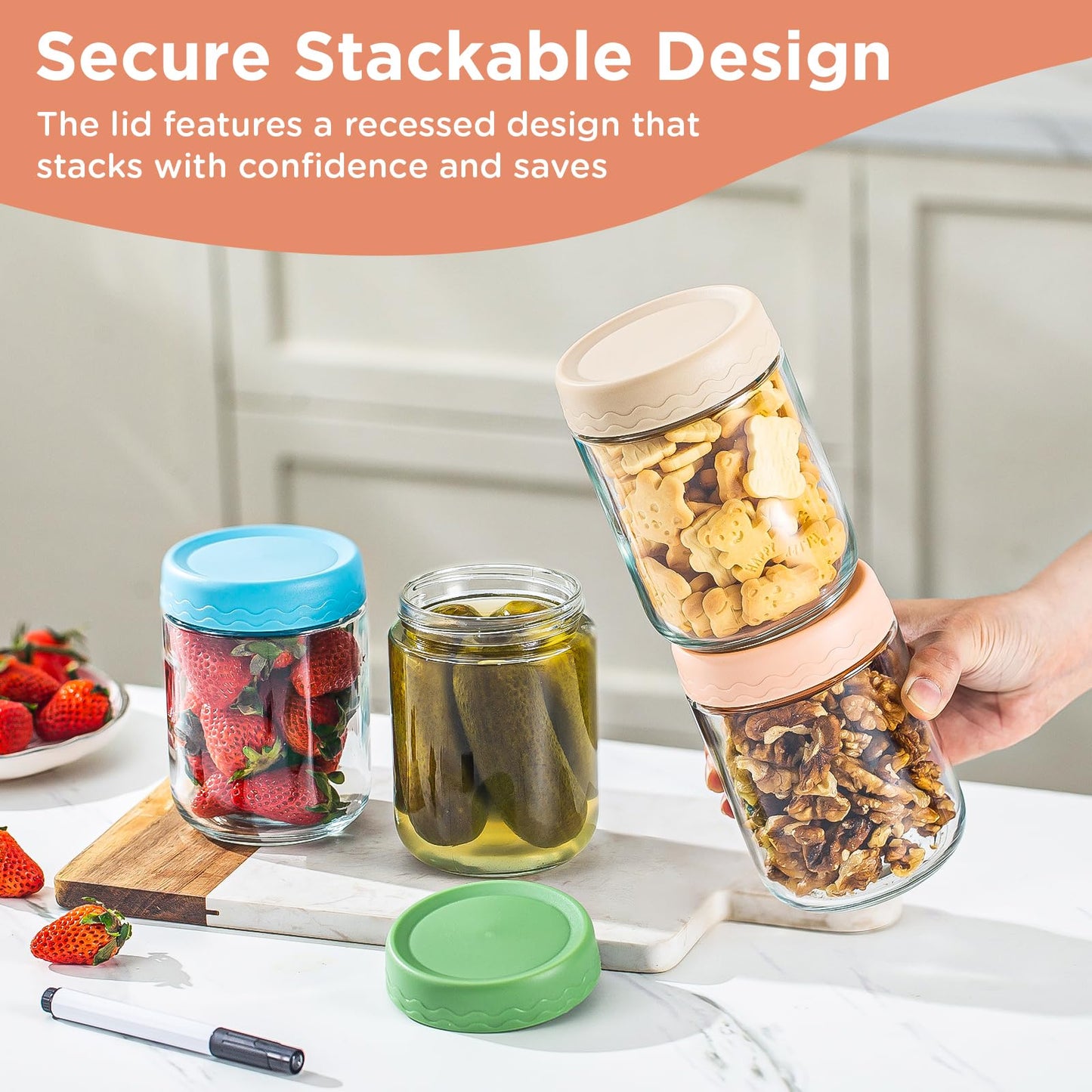 DRKIO 16 Oz Overnight Oats Containers with Lids - 6 Pack Glass Storage Jars with Airtight Lids Wide Mouth Mason Food Jars Great for Meal Prep Salad Chia Pudding Snacks Yogurt Sugar Spice Cereal