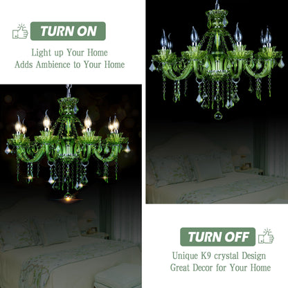 Bagood 8 Lights Green K9 Crystal Candle Chandeliers Lighting Modern Pendant Lights Candle Chandelier Lighting for Dining Living Room Bedroom Entry Elegant Decoration E12 Base, H22.8 x W27.2 Inch