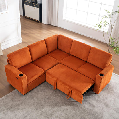 KEIKI 83" 4Seat Modular Sectional Sleeper Pull Out Bed Corduroy Sofa Couch with Chaise Storage Reversible USB Cup Holders for Creative Studio Modern Soft Bedroom Family Friendly Quality Design Orange