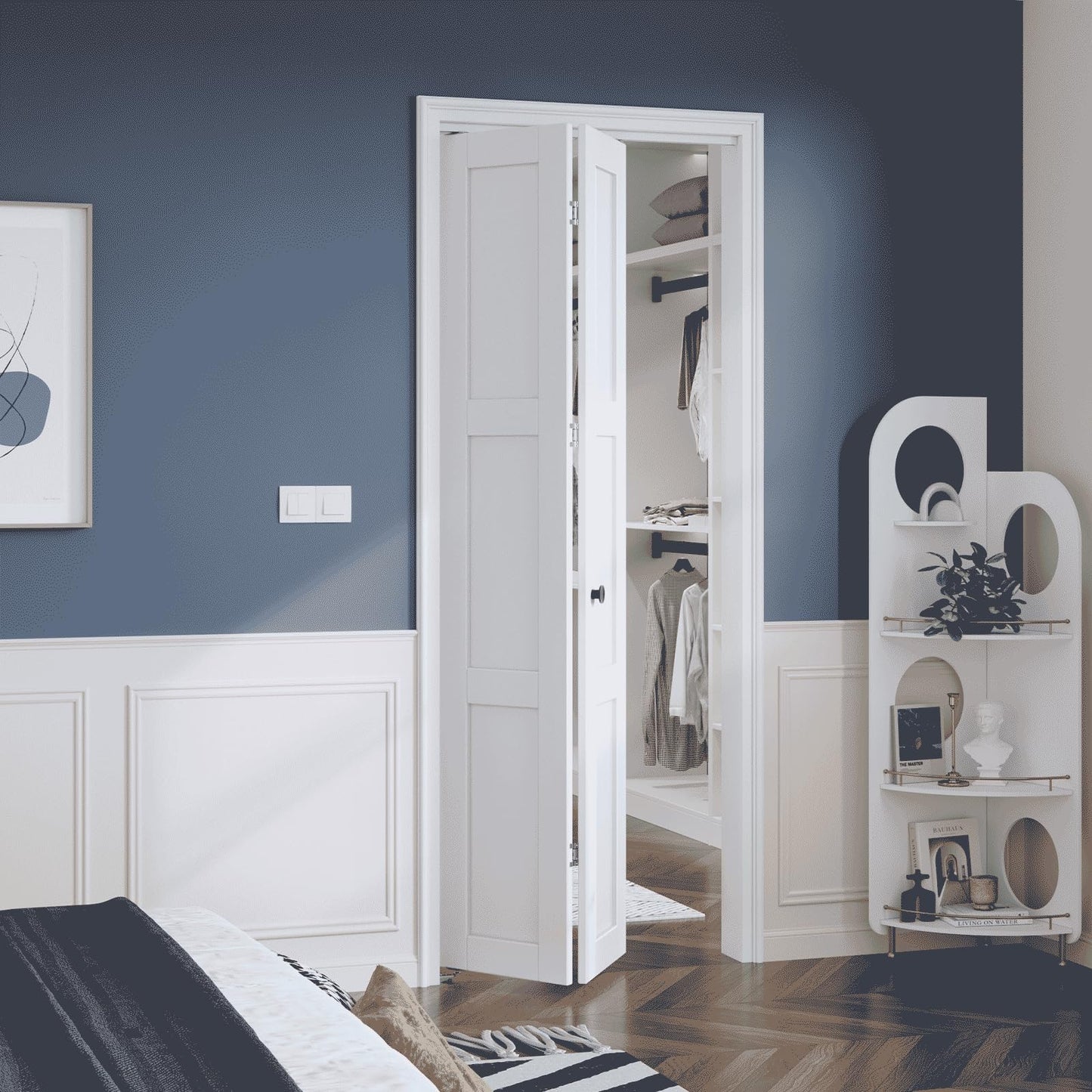 Roymelo Bifold Closet Doors for 30"×80" Opening, Sliding Folding Barn Door with Hardware Kit Included, 3-Panel, MDF Wood Panel Covered with Water-Proof Scratch-Proof PVC Surface