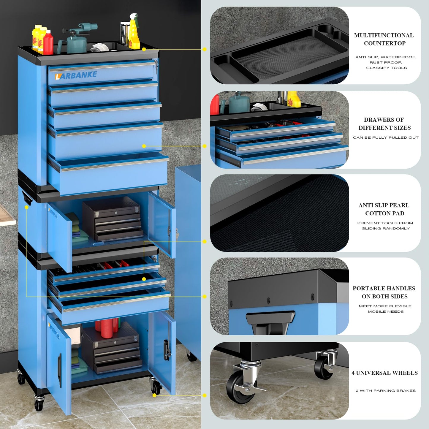 LARBANKE 8 Drawer Rolling Tool Chest with Locks&360° Wheels,Tool Cabinet with Multifunctional Countertop,Tool Chest with Connection Rods,Can Be Used as 3 Individual Units or Combine a Large One
