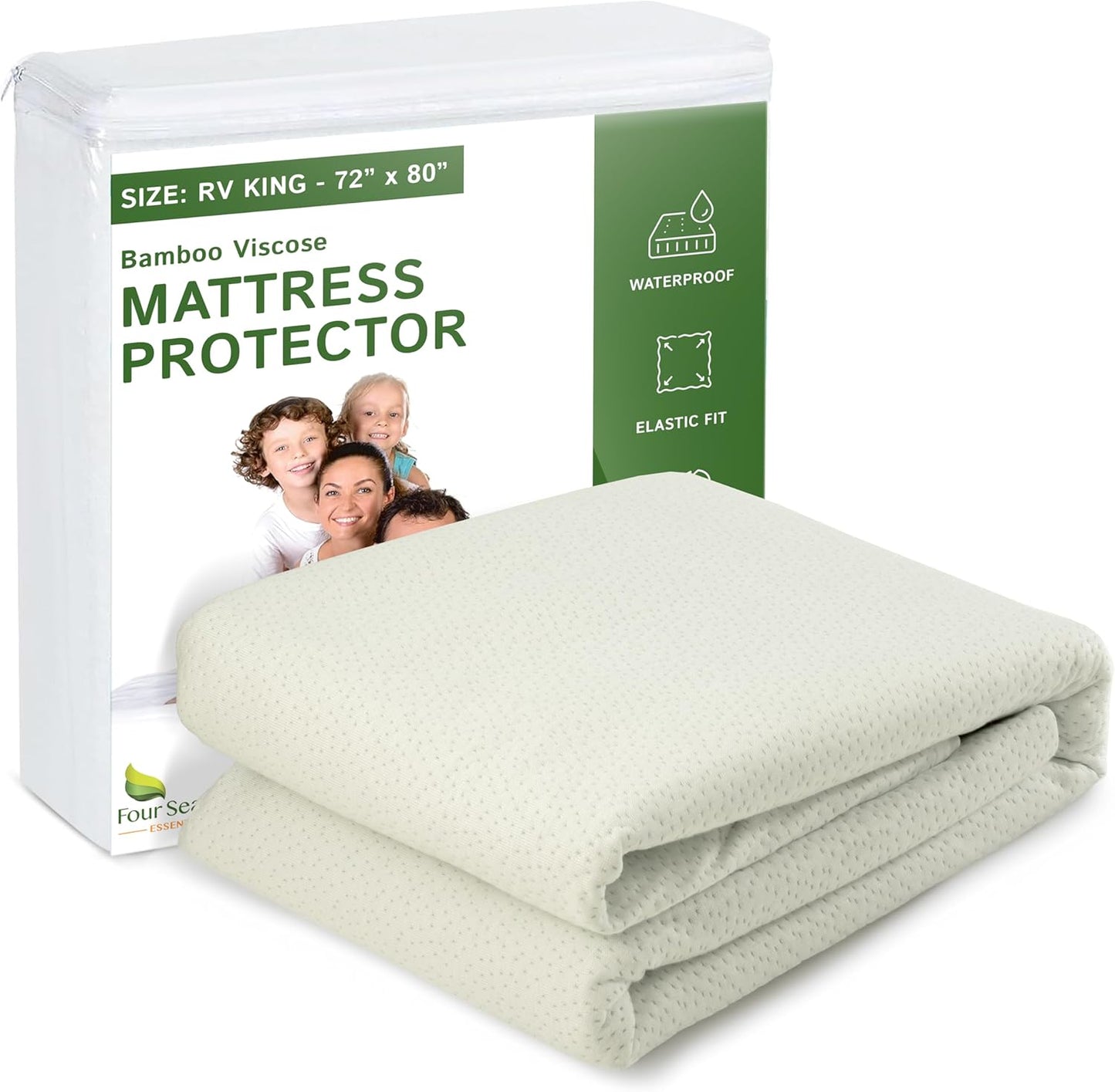 Four Seasons Essentials RV King Size Waterproof Mattress Protector, Cooling Bamboo Fitted Sheet, Quilted Jacquard