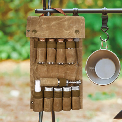 TOBWOLF Camping Spice Kit with 9 Jars, 2 Salt/Pepper Grinders, Portable Spice Bag, Foldable Canvas Seasoning Storage Bag Organizer, Mini Condiment Container Set for Outdoor Camping Picnic BBQ - Khaki