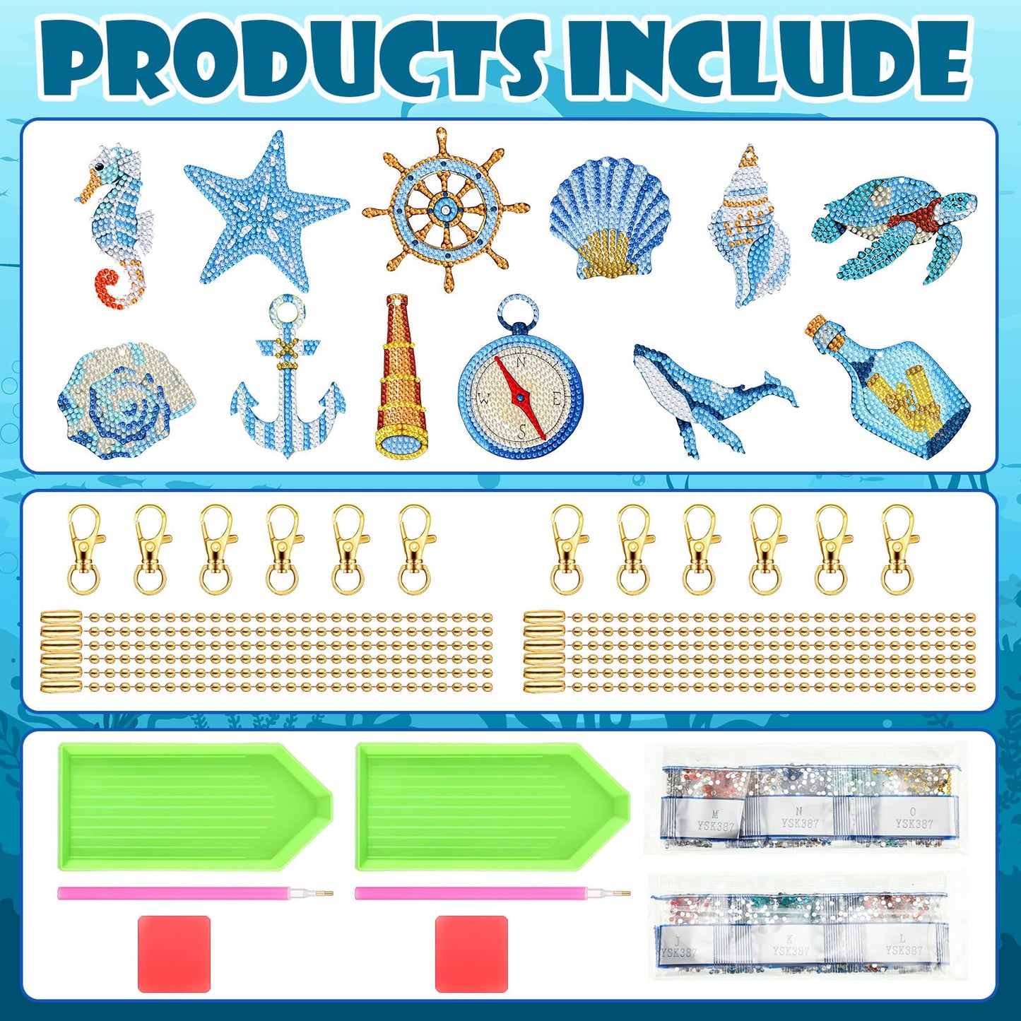 BBTO 15 Pcs Summer Ocean Diamond Painting Keychains Kits 5D DIY Summer Diamond Art Painting Keyrings Sea Animals Theme Key Chains for Beach Party Crafts Ornaments