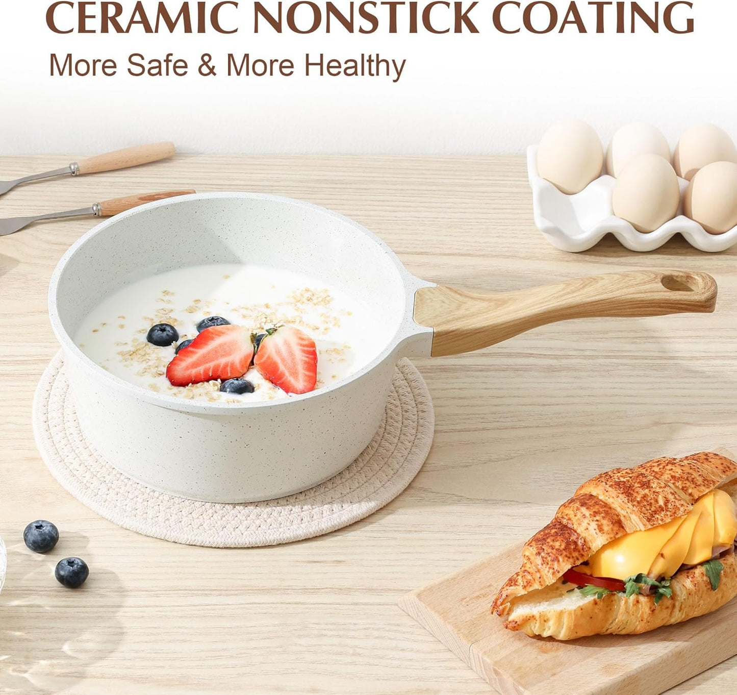 SENSARTE White Ceramic Nonstick Saucepan - 2.0 Quarts, Induction Compatible, Stay Cool Handle