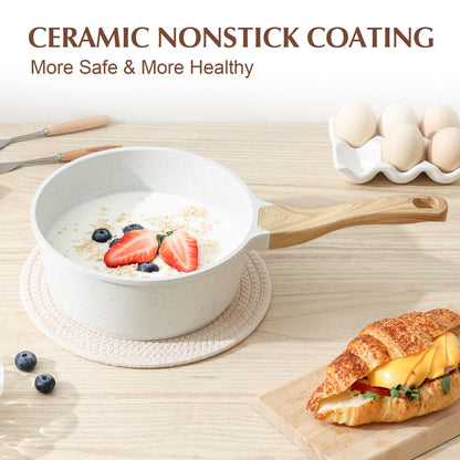 SENSARTE White Ceramic Nonstick Saucepan with Lid 1.5 Quarts, Small Cooking Pot with Stay Cool Handle, Induction Compatible Saucepot, White Granite Coating, Free of Intentionally Added PTFE/PFOA/PFAS