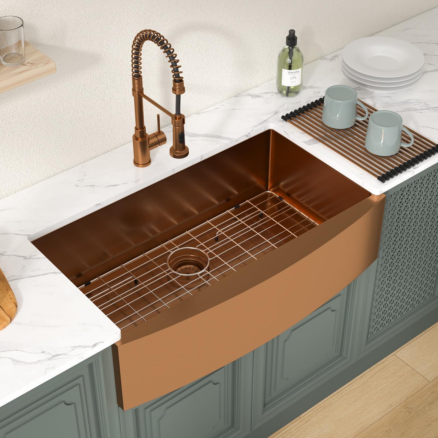 Lordear 36 inch Farmhouse Kitchen Sink Undermount Sink Matte Bronze 16 Gauge Stainless Steel Deep Single Bowl Burshed Rose Gold Farm Sink With Accessories