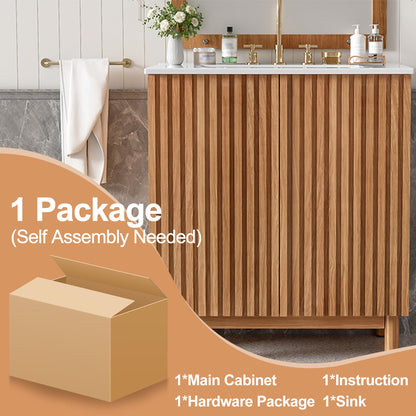Merax 29.9" Bathroom Vanity with Ceramic Sink, Solid Wood Legs, MDF Cabinet, U-Shaped Adjustable Shelf, Space-Saving Bathroom Storage Cabinet, Traditional American Style