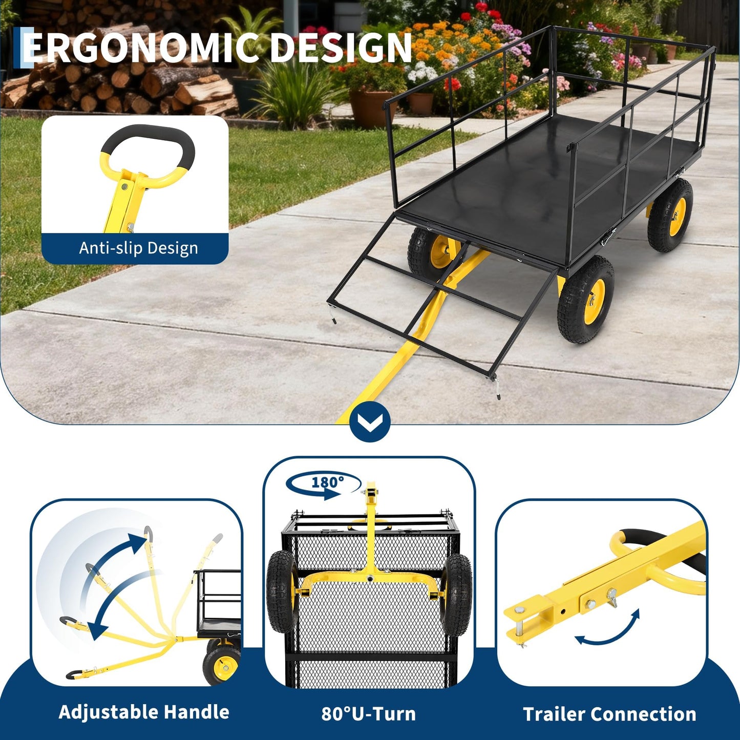 Heavy Duty 1500 Lbs Capacity Mesh Steel Garden Cart Folding Utility Wagon with Removable Sides and Wheels for Transporting Gardening Soil Tools and Plants