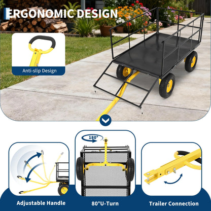 Heavy Duty 1500 Lbs Capacity Mesh Steel Garden Cart Folding Utility Wagon with Removable Sides and Wheels for Transporting Gardening Soil Tools and Plants