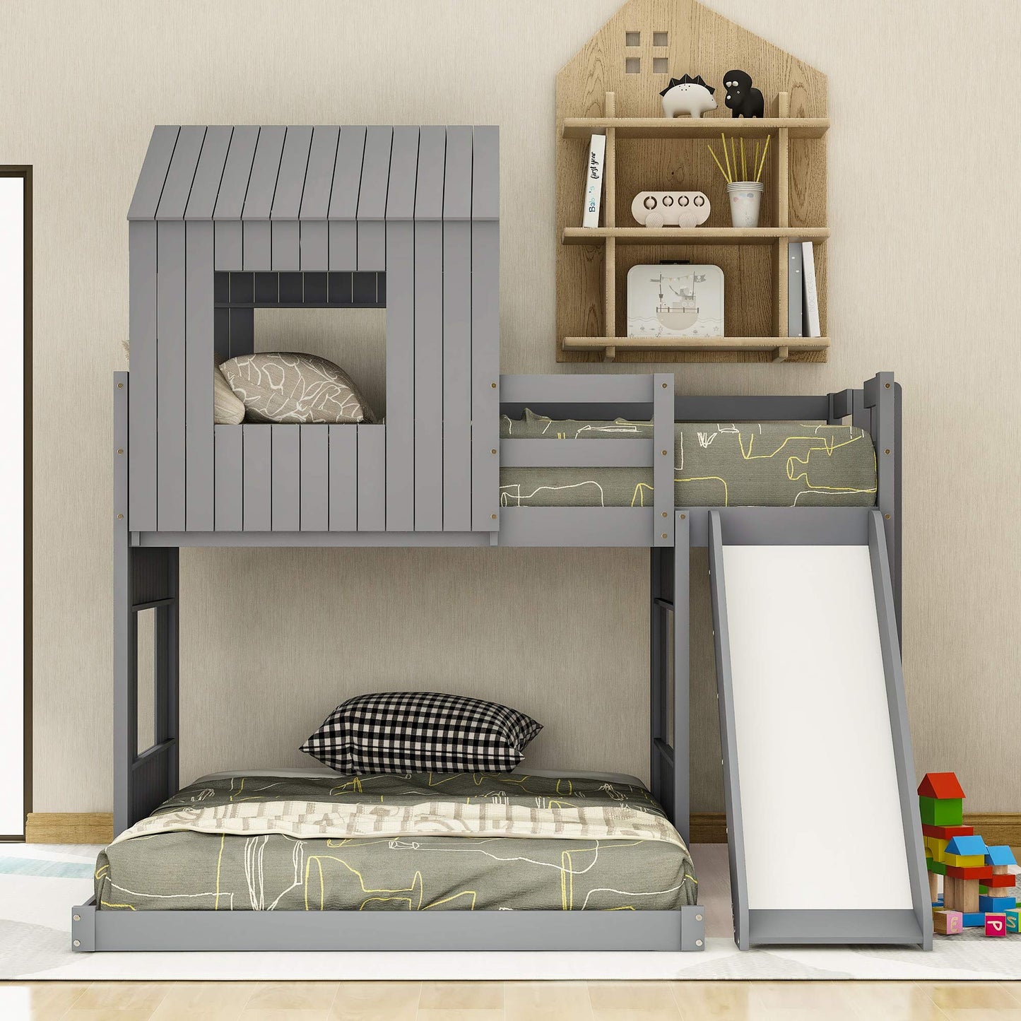 Twin Over Full Bunk Bed Frames with Slide, Safety Guardrails and Ladder for Teens, Girl or Boys, House Shape, Gray