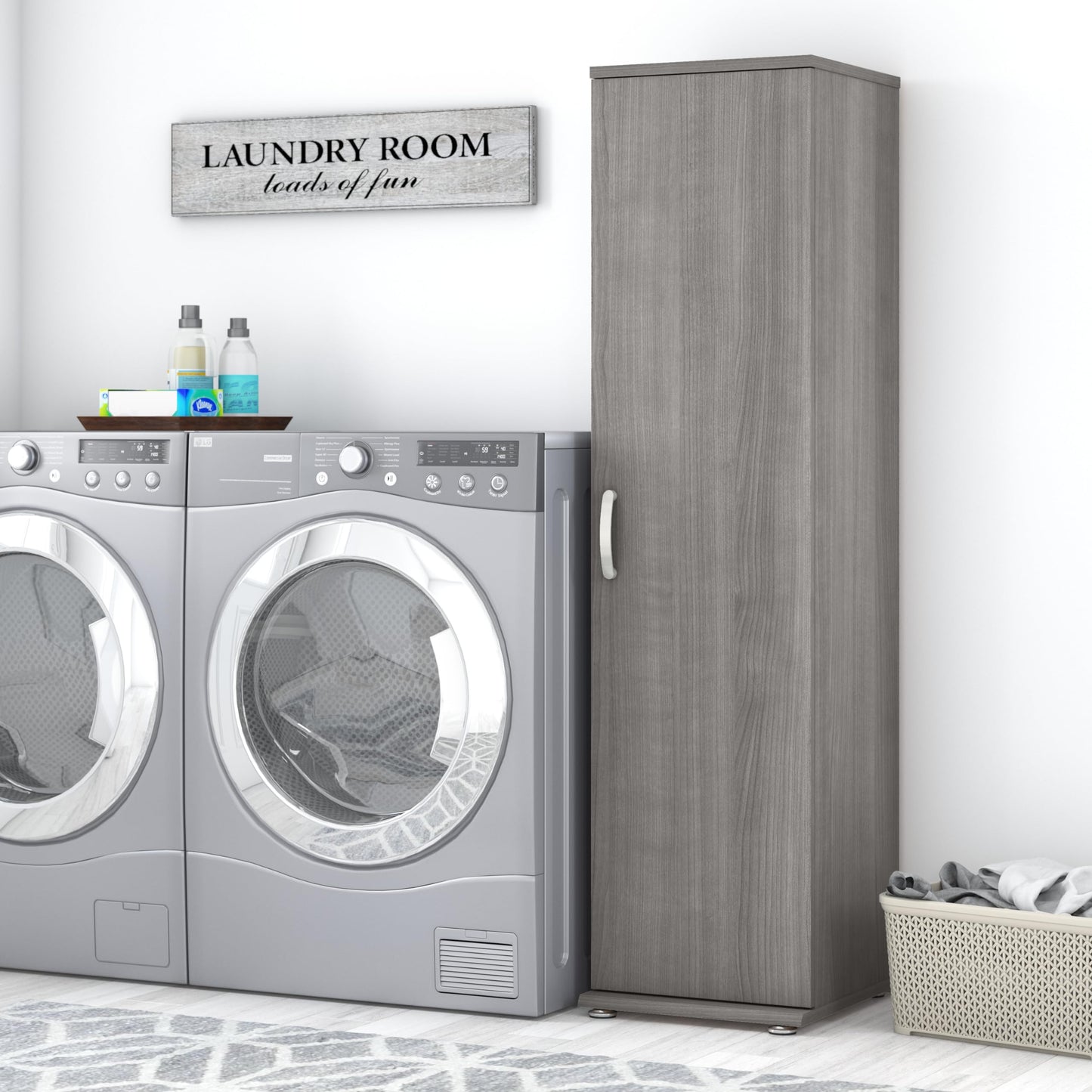 Bush Business Furniture Universal Narrow Linen Tower with Door and Shelves in Platinum Gray