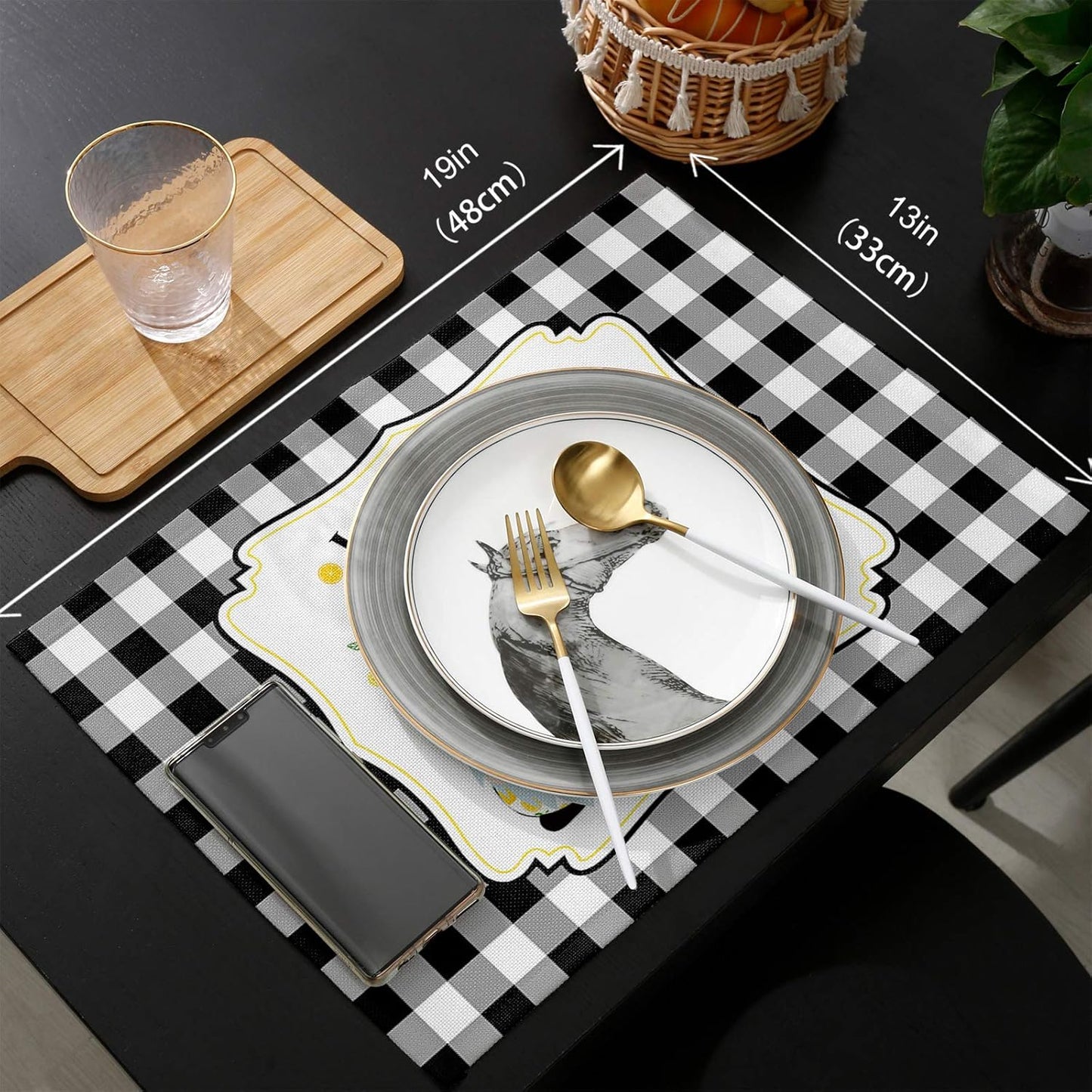 Victories Placemats for Dining Table - Summer Rural Lemon Gnomes Black White Buffalo Plaid, Set of 6