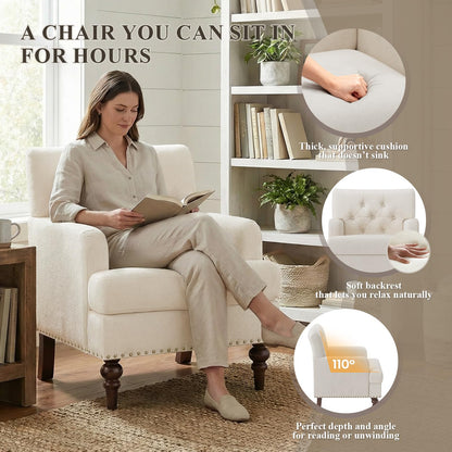 MALOL Upholstered Accent Chair with Thick Cushion, High Back Reading Chair, Linen Blend Armchair with Solid Rubberwood Legs for Living Room, Bedroom, Reading, Apartment & Small Spaces,Beige,Set of 2