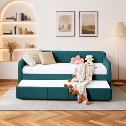 DNYN Twin Size Velvet Daybed Frame with Pop-up Trundle Bed for Bedroom Guest/Living Room, Space-Saving Upholstered Sofabed with USB Port & Side Pocket, No Box Spring Needed