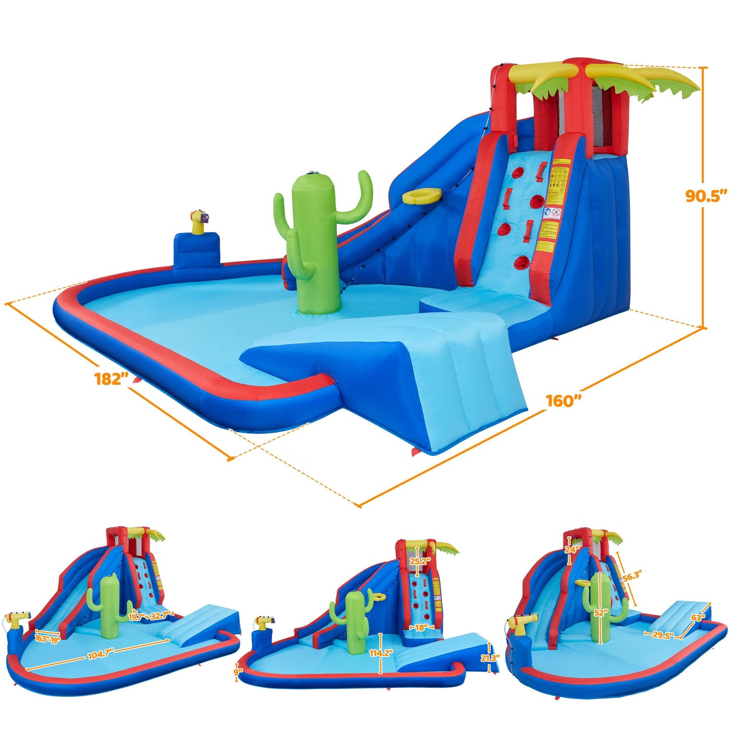 Yaheetech Inflatable Water Slide, Blow Up Water Slide Park Castle for Kids Aged 3-10 w/Splash Pool, Water Cannon, Ring Toss, Basketball, Surfboard and Climbing Wall, Water Slide with 520W Blower