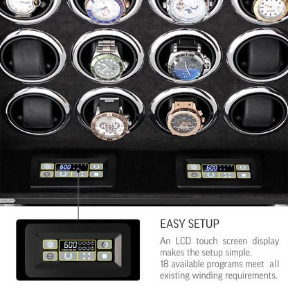 Watch Winder for 16 Automatic Watches with LED Light and LCD Touchscreen Control (Black + Black)