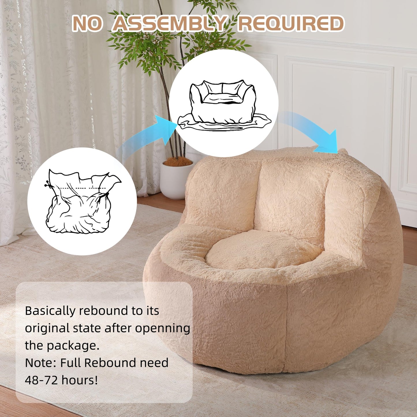 Oversized Bean Bag Chairs,Multicolor Faux Fur Couch Filled with Shredded Sponge,Large Lounger Sofa for Living Room,No Assembly Required,Brown+Camel