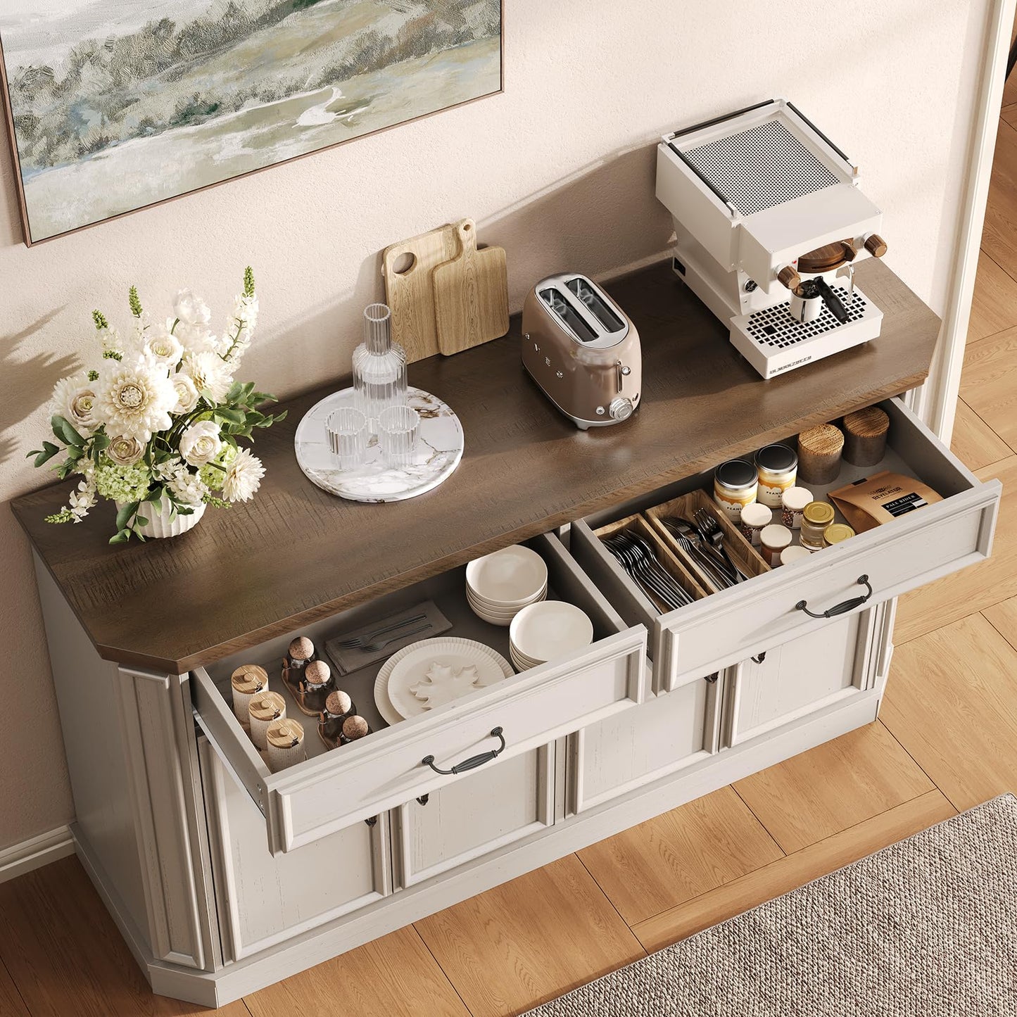 ONBRILL 55" Sideboard Buffet Cabinet with 2 Storage Drawers & 4 Doors, Modern Kitchen Sideboards and Buffets with Adjustable Shelves, Wood Coffee Bar Cabinet for Living Room, Entryway, Off-White