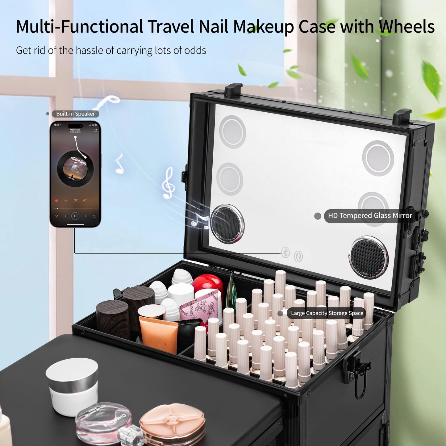 SJD LACE Rolling Manicure Table with 3 Drawers, Portable Nail Desk for Nail Tech, Foldable Nail Table Lockable Makeup Case with Mirror, Nail Polish Organizer, Mobile Nail Tech Workstation with Wheels