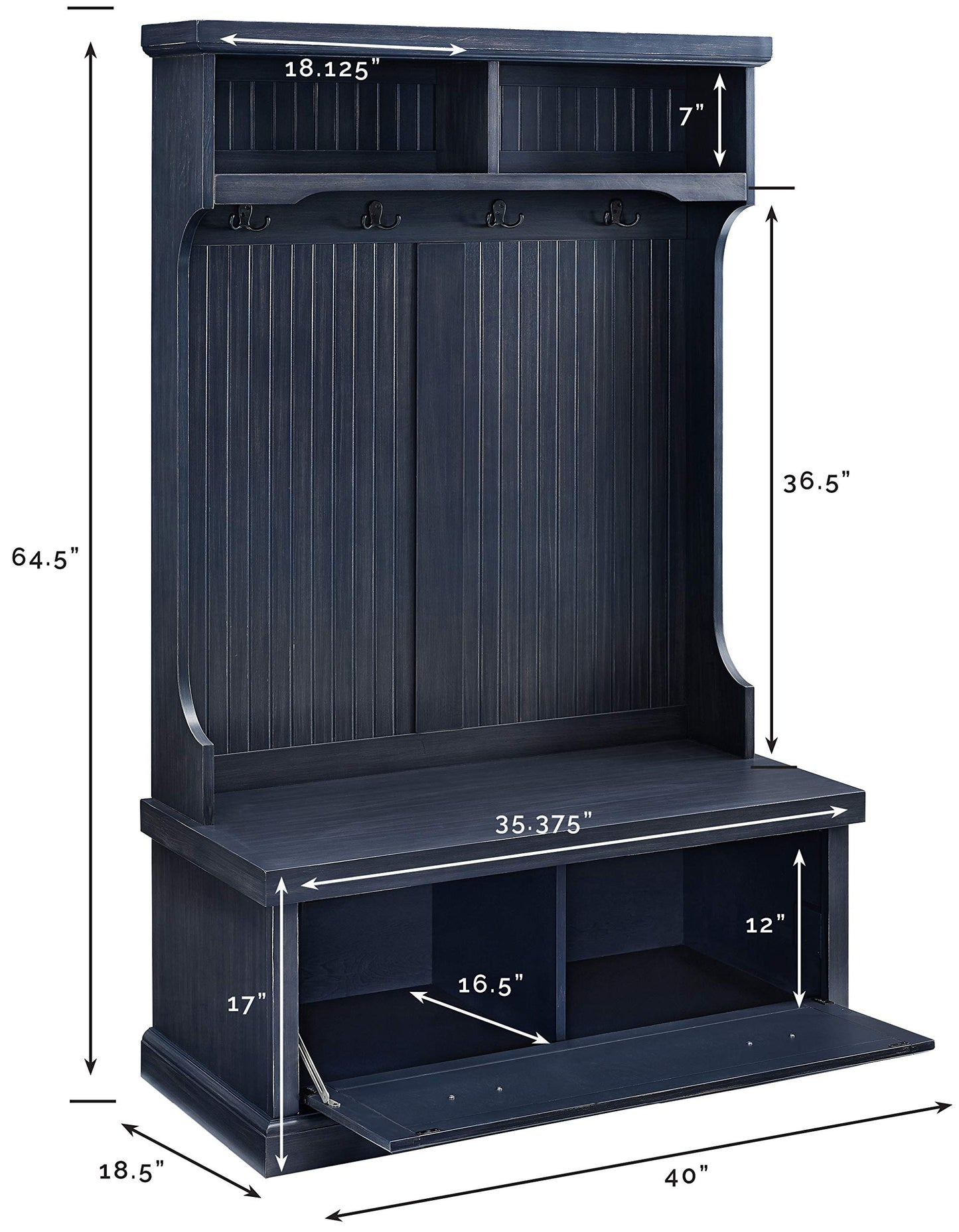 Crosley Furniture Seaside Hall Tree with Shoe Rack Bench and Coat Hooks for Hanging Storage, Distressed Navy