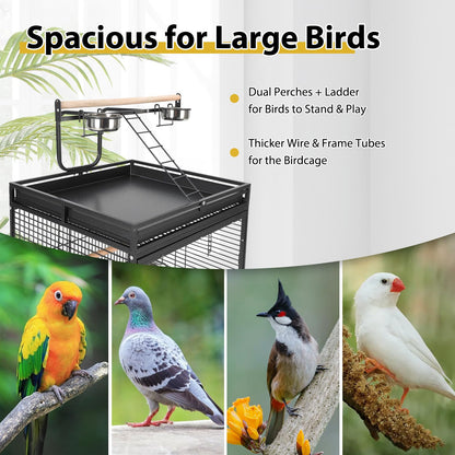 64.4" Tall Large Bird Cage, Metal Parrot Cage with Play Top, Rolling Stand & Bowls - Bird Aviary for Parrots, Conures, Cockatiels, Parakeets, Indoor Outdoor Aviary for Outside Porch Yard Garden