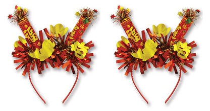 Beistle Lunar New Year Headbands – 2 Pack Red and Gold Firework Burst Headbands with Metallic Fringe Festive Celebration Headwear Cultural Holiday Party Accessories, Adult Size