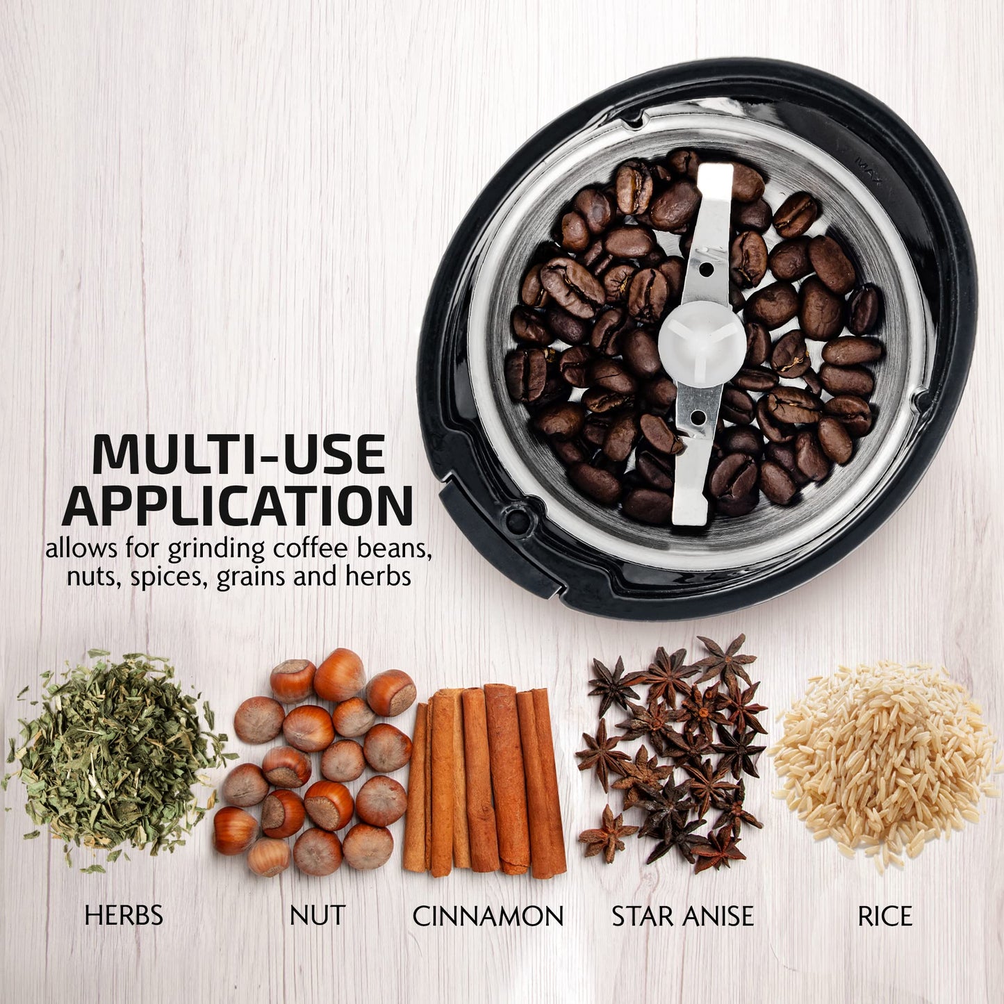 OVENTE Electric Coffee Grinder, Coffee Mill and Spice Grinder with 2.5oz Capacity, 150W Motor, One Touch Push-Button & Stainless Steel Blades for Uniform Grinding of Beans, Herb or Nuts, Black CG225B
