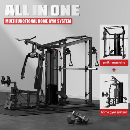 JELENS Home Gym System, 150LB Weight Stack Smith Machine with LAT Pull-Down & Leg Press, All-in-One Strength Training Equipment, Workout Station for Workout (Black, 140LBS Black Weights Package)