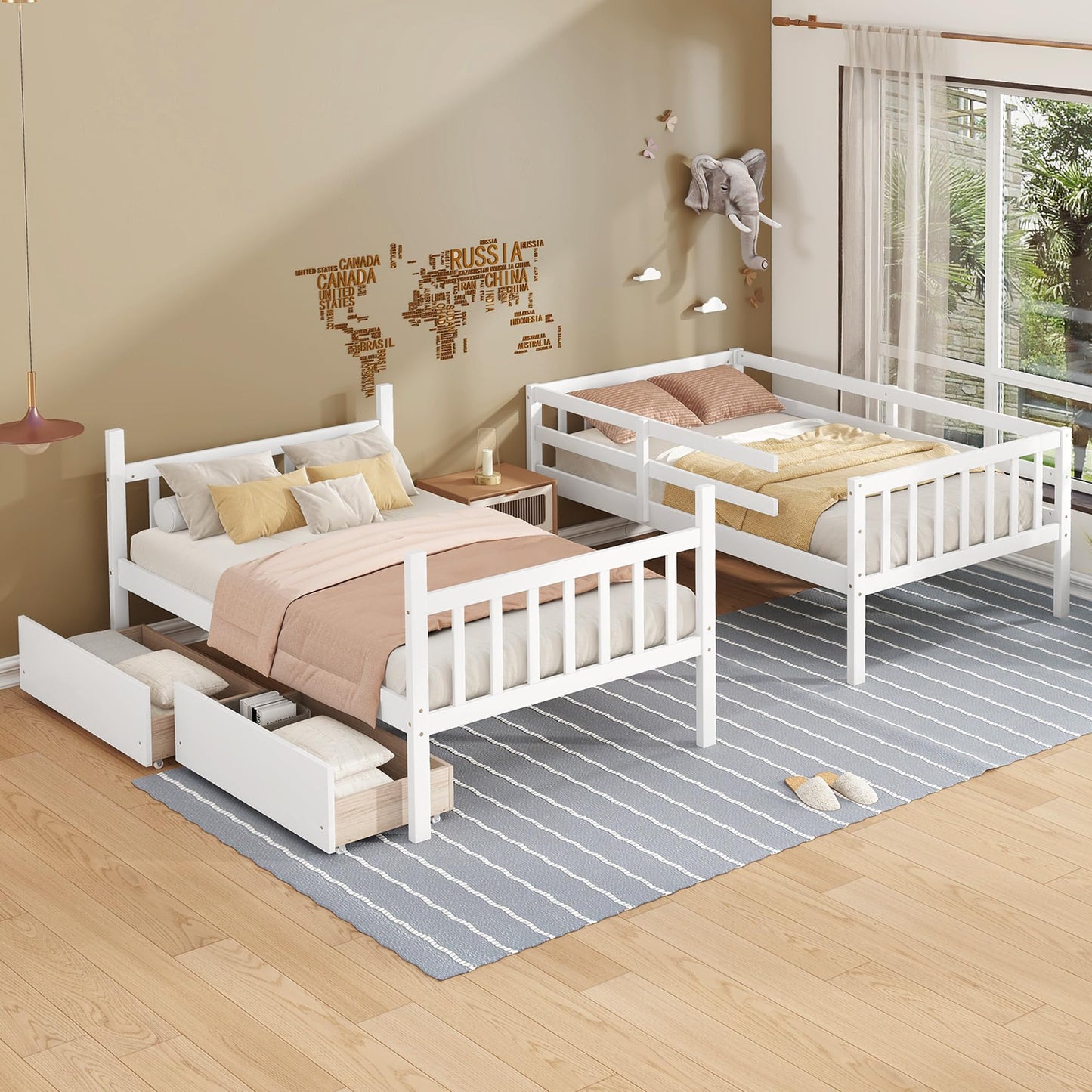 MERITLINE Wood Bunk Bed with Drawers, Convertible Bunk Bed with Ladders and Two Storage Drawers, Solid Wood Detachable Bedframe with Guardrails, Twin Over Twin, White