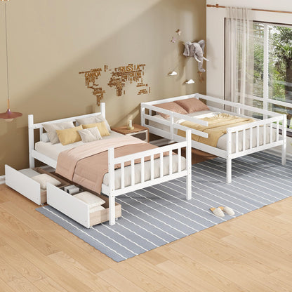 MERITLINE Wood Bunk Bed with Drawers, Convertible Bunk Bed with Ladders and Two Storage Drawers, Solid Wood Detachable Bedframe with Guardrails, Twin Over Twin, White