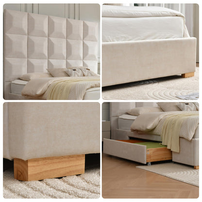 YUHUASHI King Size Bed Frame with 71.5-inch high headboard with Oversized Storage Drawers, Wood Slat Supports, no Springs Required (Beige, King (U.S. Standard))
