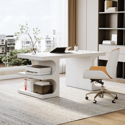 LITTLE TREE 62.2-Inch Executive Desk, Modern Home Office Desks, Office Table with Storage Shelves for Workspace, Large Computer Desk, Long Contemporary Writing Desk, White