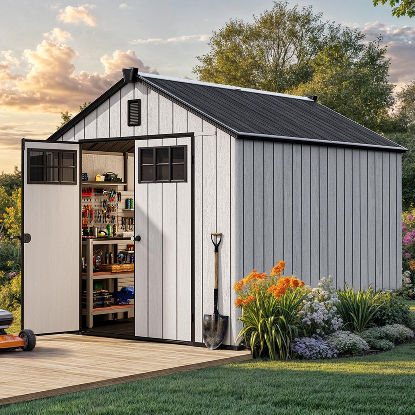 YITAHOME 8x10ft Outdoor Plastic Storage Shed with Floor, Extra Thick Waterproof Garden Shed with Lockable Door, Oval Vision Windows &Vents, 16mm Heavy Duty Tool Storage for Patio, Lawn, Gray