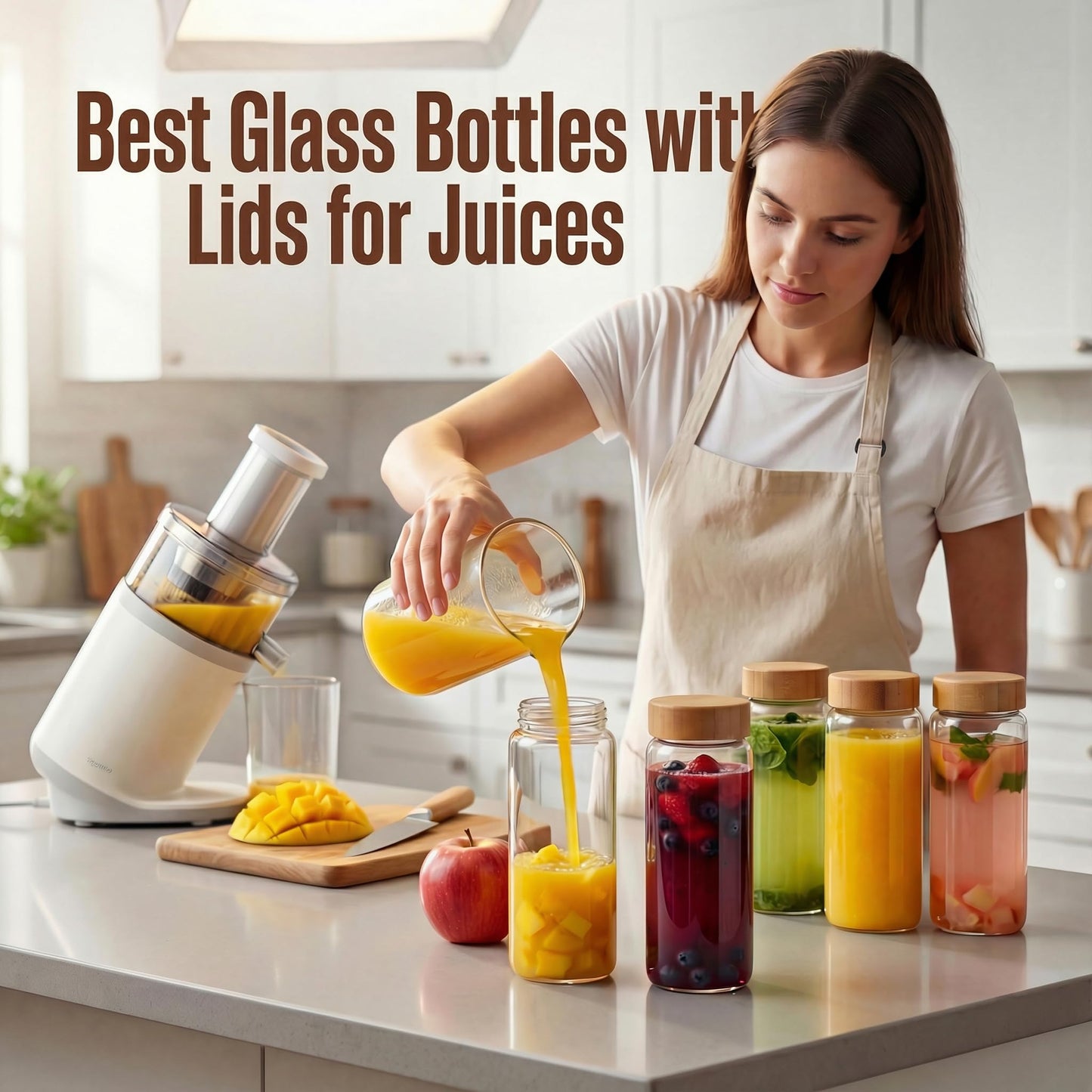 HomArtist 16oz Round Glass Juice Bottles with Lids, 3 Pack Reusable Juice Containers with Bamboo Lids, Glass Juicing jars for Drinking Tea, Kombucha, Smoothie, Milk